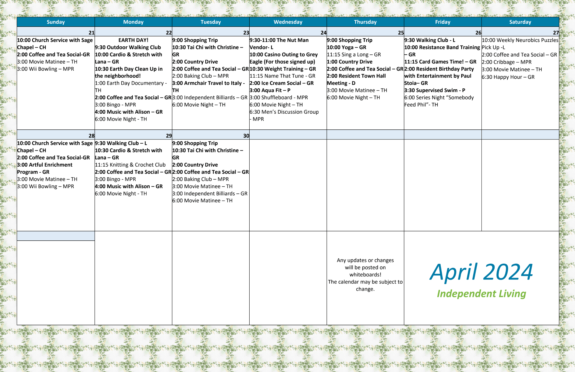 Sage Hill April 21-30 2024 event calendar
