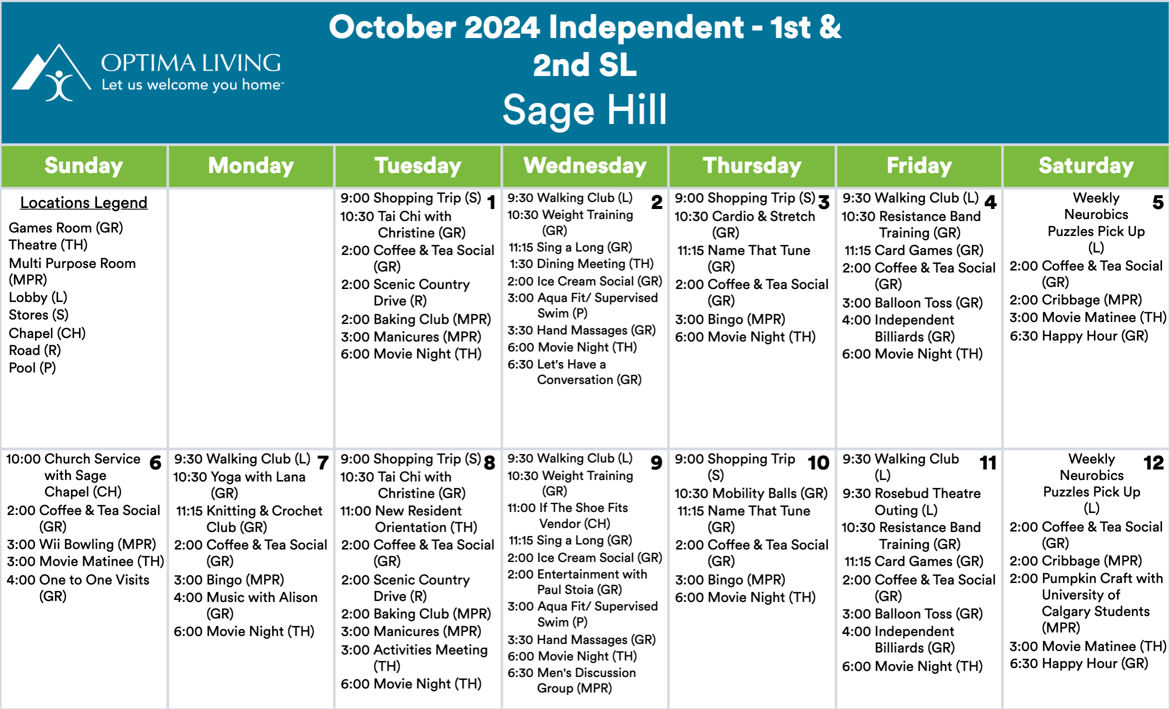 Sage Hill October 1 - 12 2024 SL event calendar