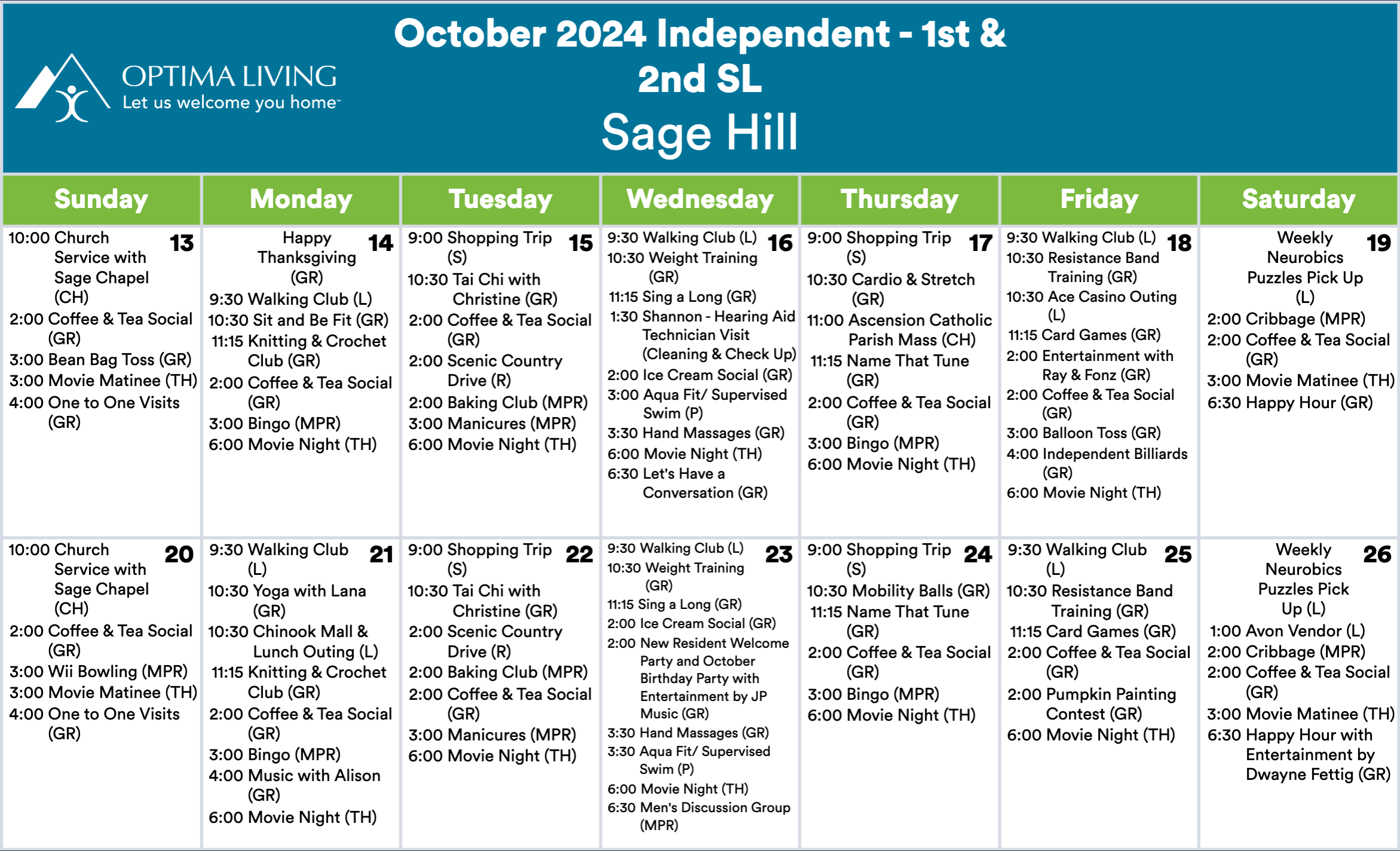 Sage Hill October 13 - 26 2024 SL event calendar