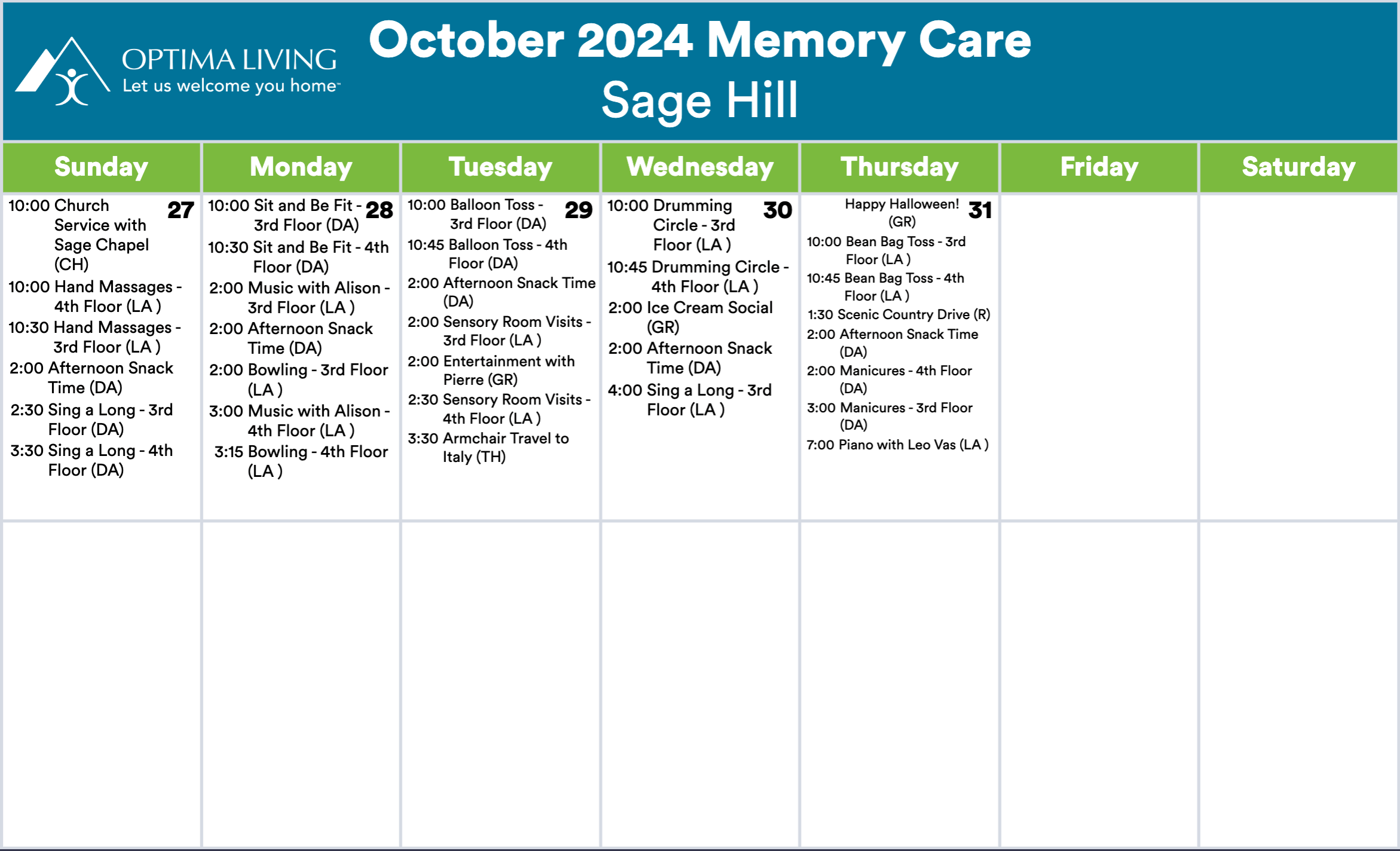 Sage Hill October 27 - 31 2024 MC event calendar