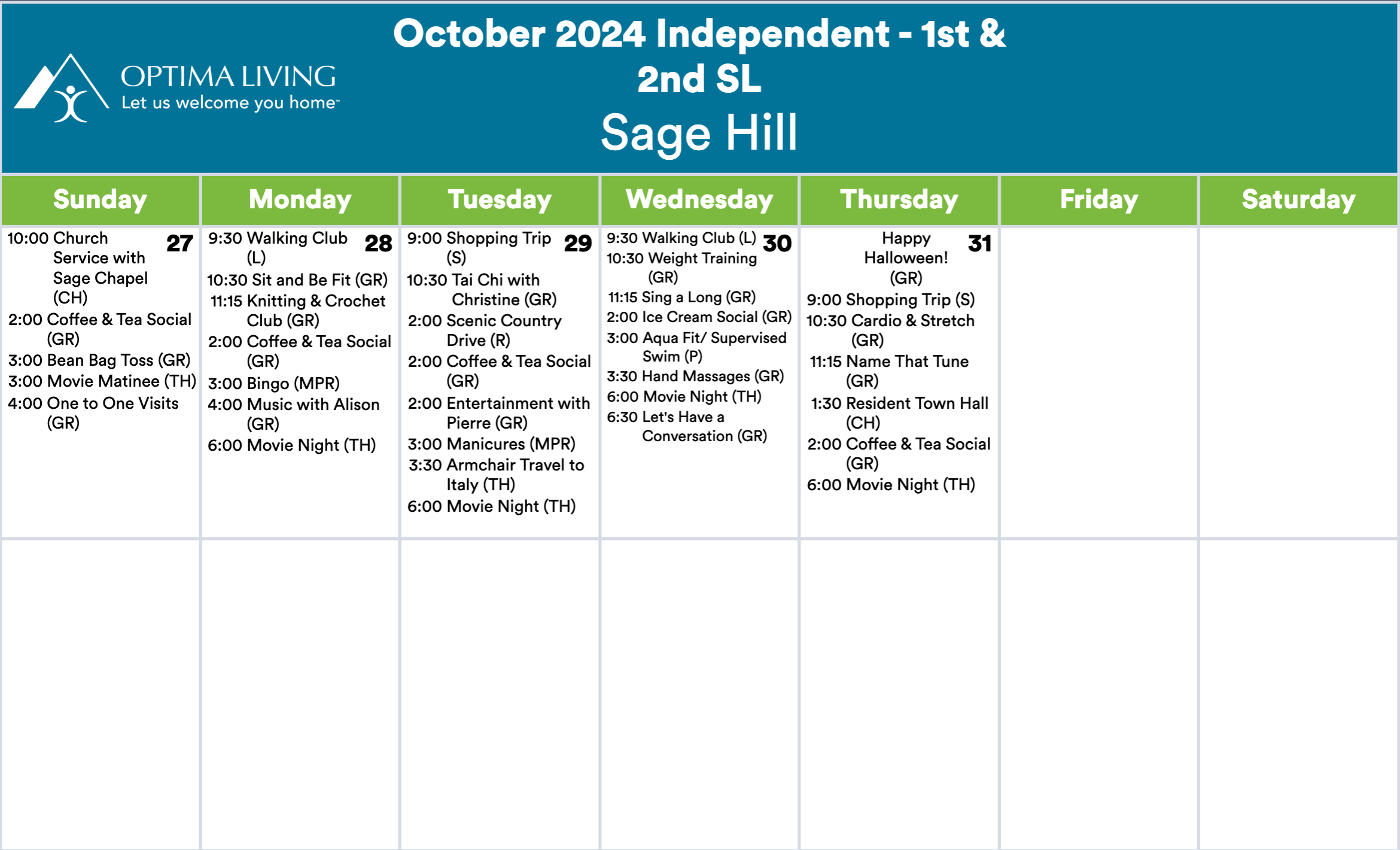 Sage Hill October 27 - 31 2024 SL event calendar