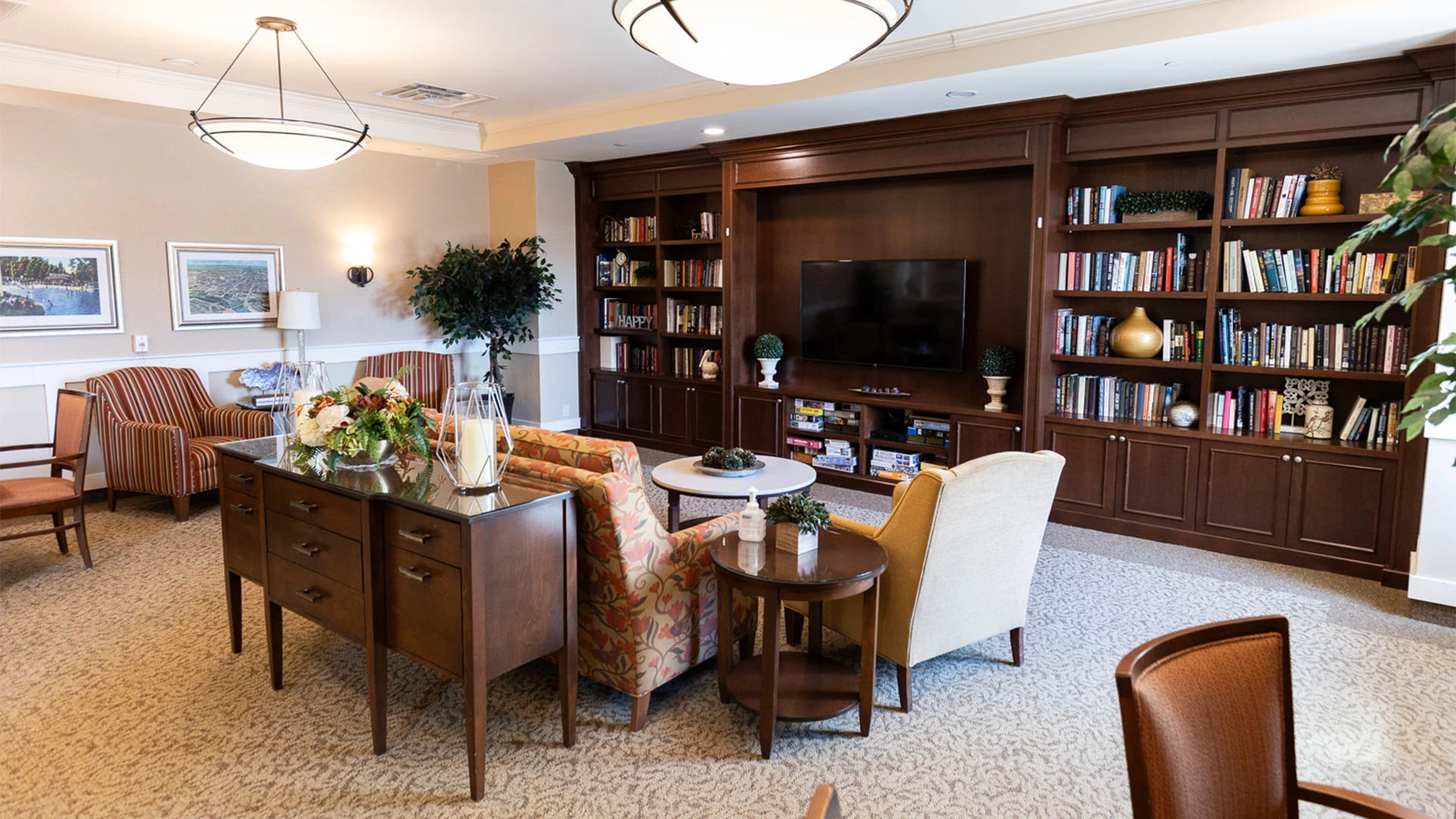 Large living room with brown furniture